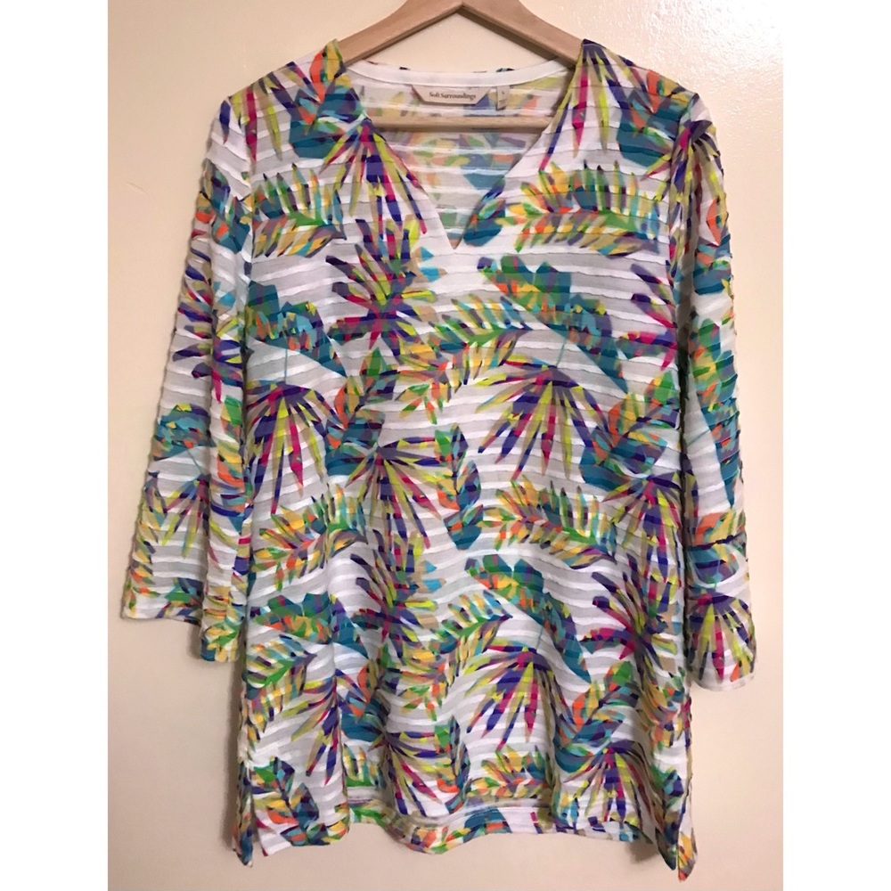 Soft Surroundings • L • Tropical Colorful Palm Leaf Burnout Striped Tunic Top